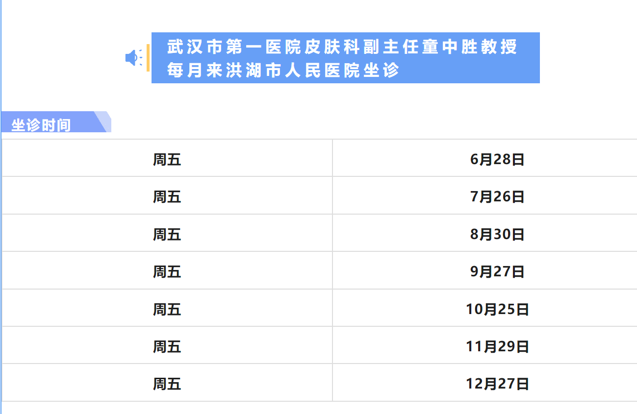 【医讯】武汉市第一医院皮肤科副主任童中胜教授每月来洪湖市人民医院坐诊